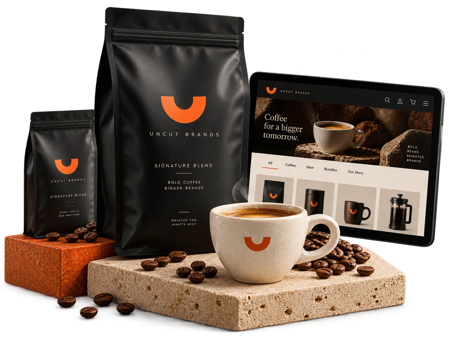 Illustrative coffee packaging and storefront composition for the published Amazon case study.