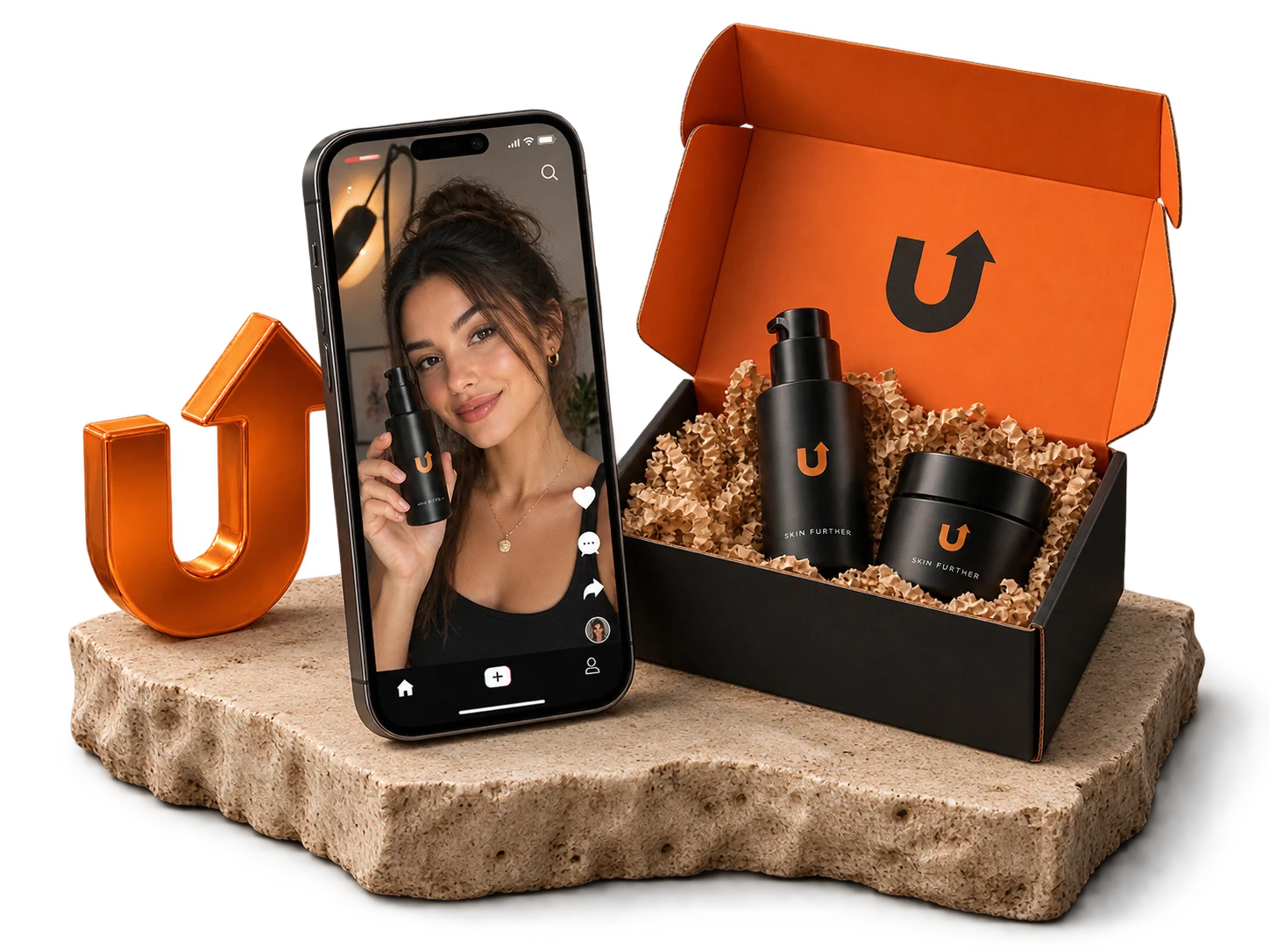 Illustrative creator video on a phone beside a product seeding kit.