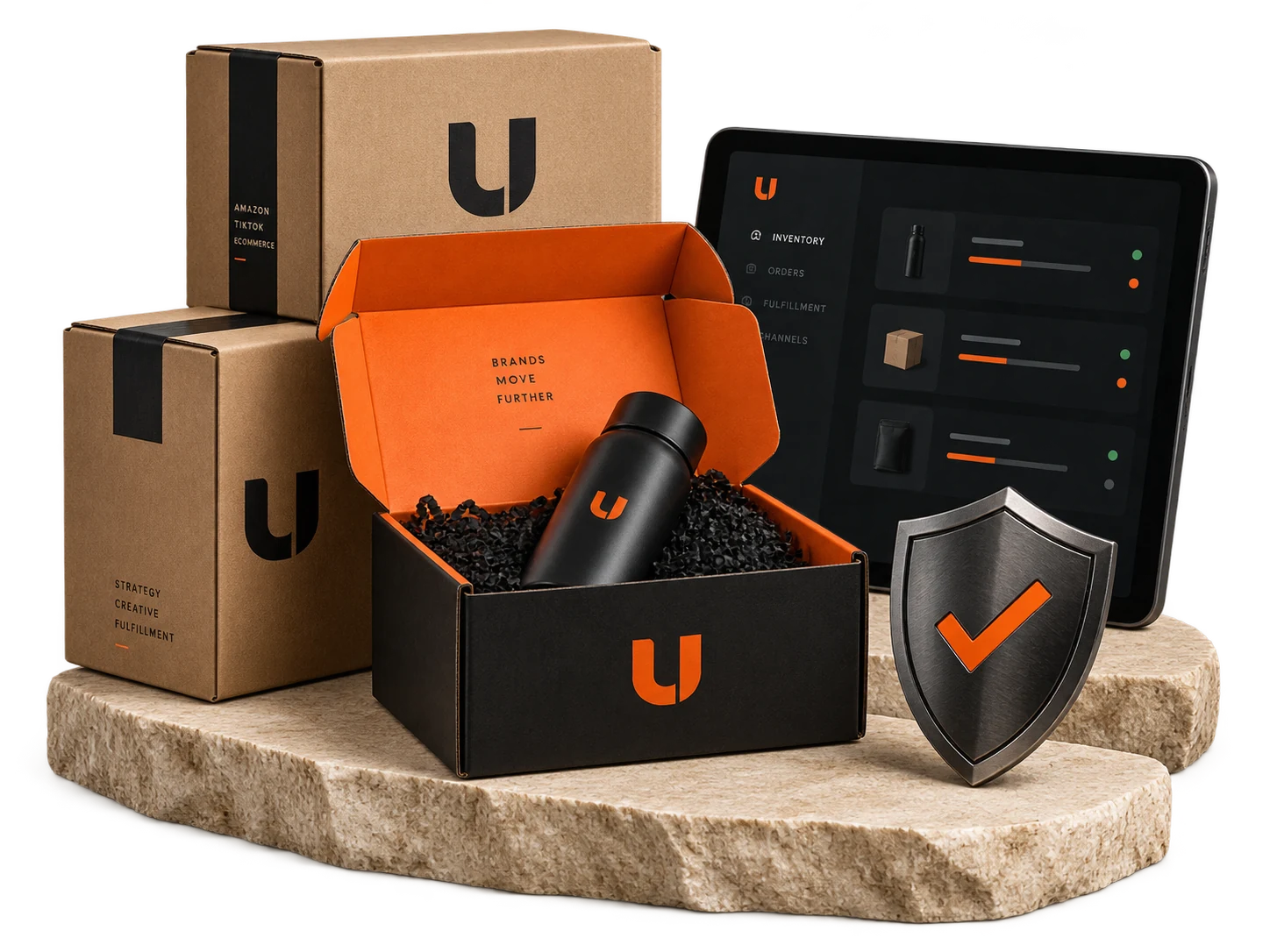 Illustrative inventory tablet, shipping cartons and product packaging with an account-health shield.