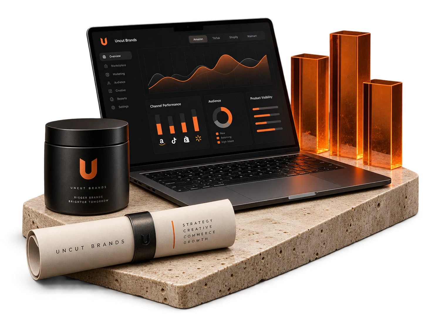 Illustrative ecommerce reporting dashboard with orange charts and a black product jar.