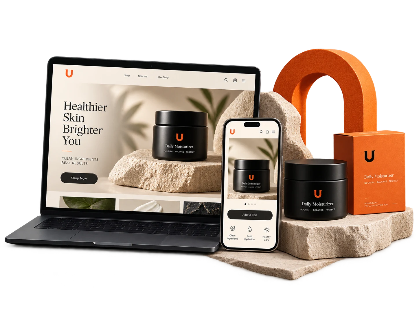 Illustrative ecommerce storefront shown on laptop and mobile alongside skincare packaging.