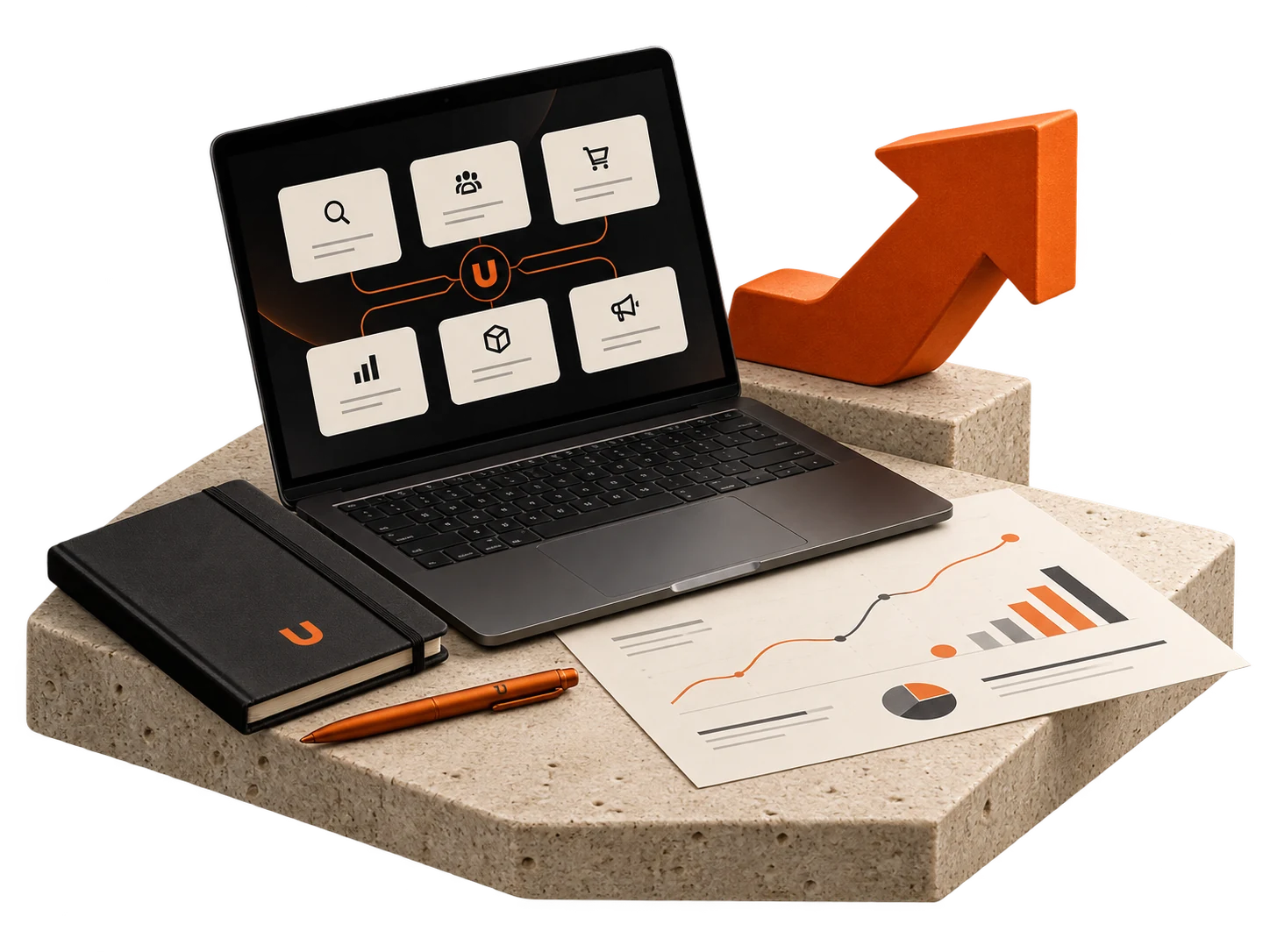 Illustrative ecommerce planning workspace with a laptop, strategy sheet and notebook.