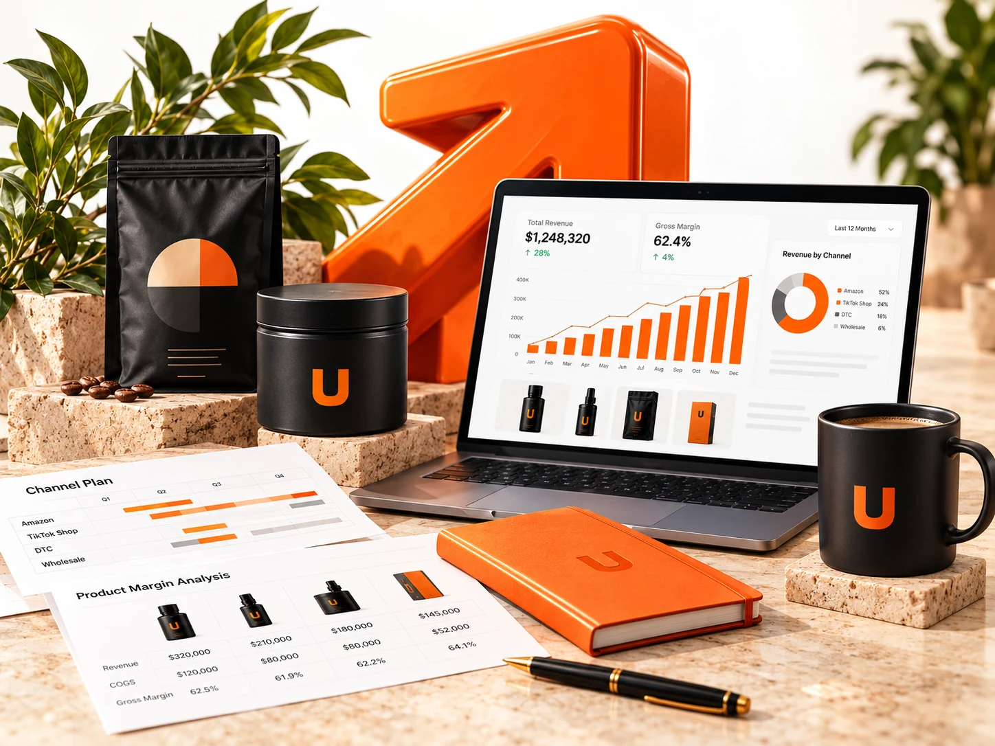 Illustrative ecommerce growth planning workspace with product and performance materials.