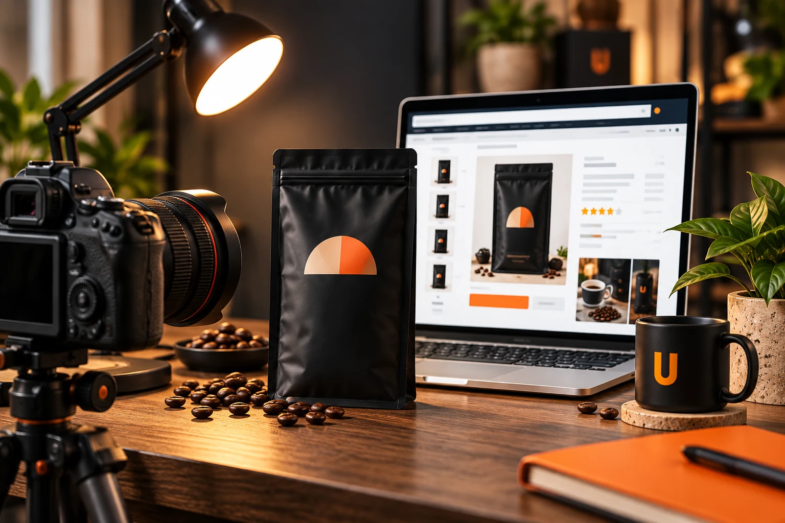 Camera, product packaging and Amazon listing creative in an illustrative studio workspace.