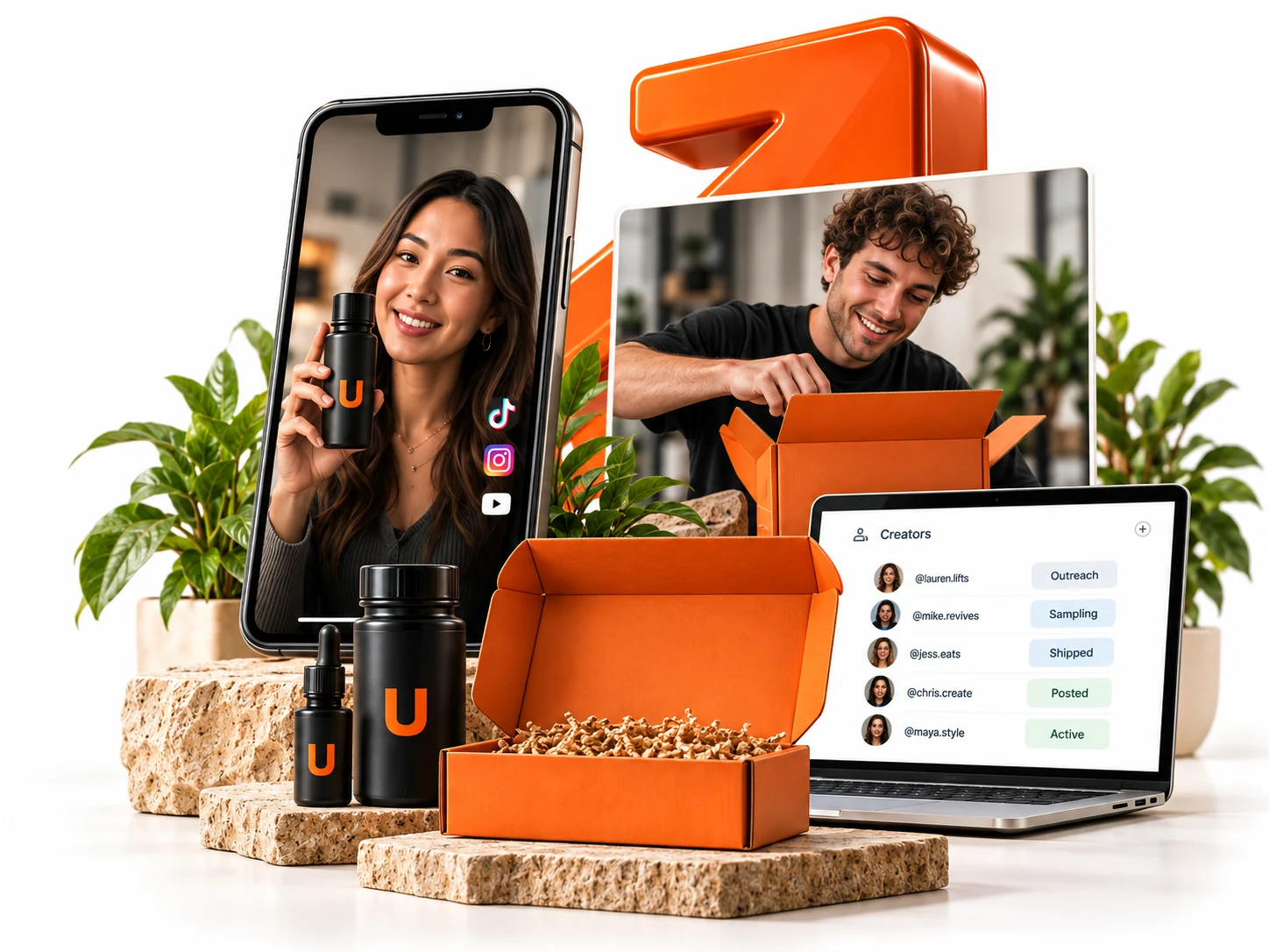 Creator video, product samples and affiliate program dashboard; illustrative creator program.