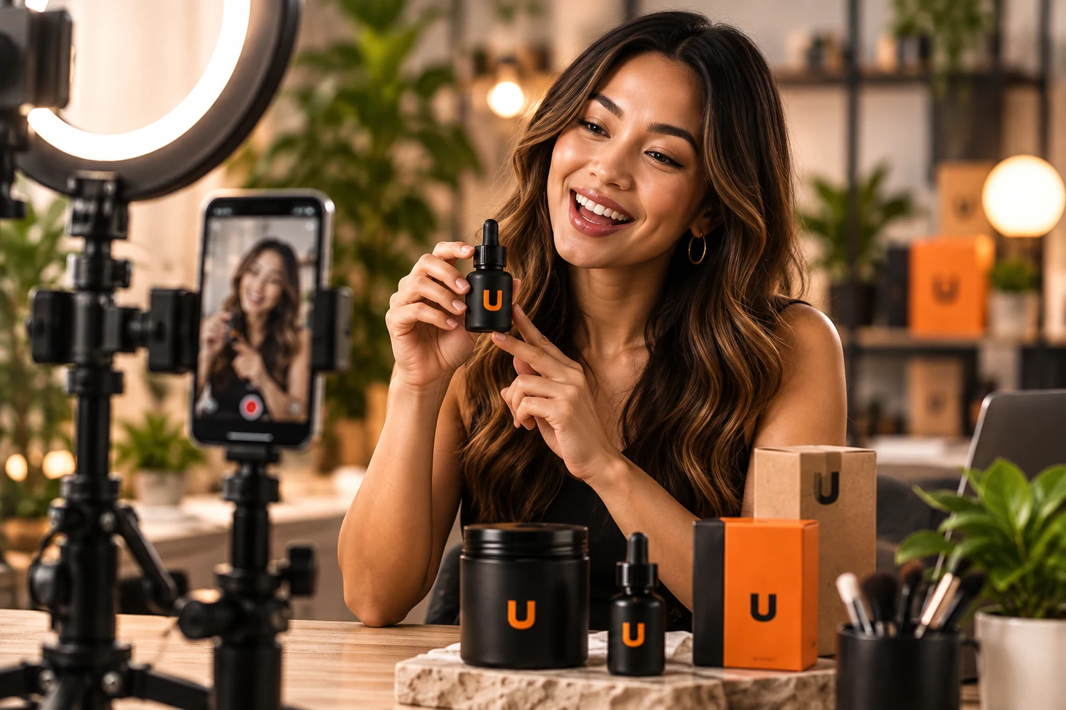 Illustrative creator demonstrating a product during a livestream setup.