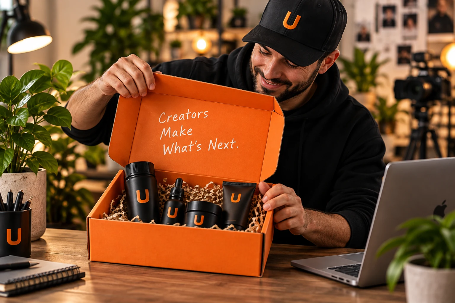 Illustrative creator opening a branded product sample box.