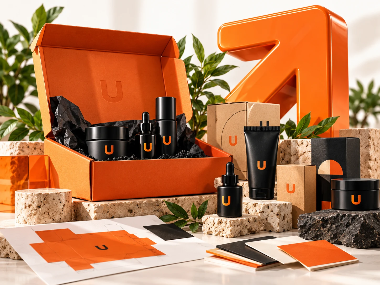 Illustrative packaging design concept with presentation box, products and brand materials.