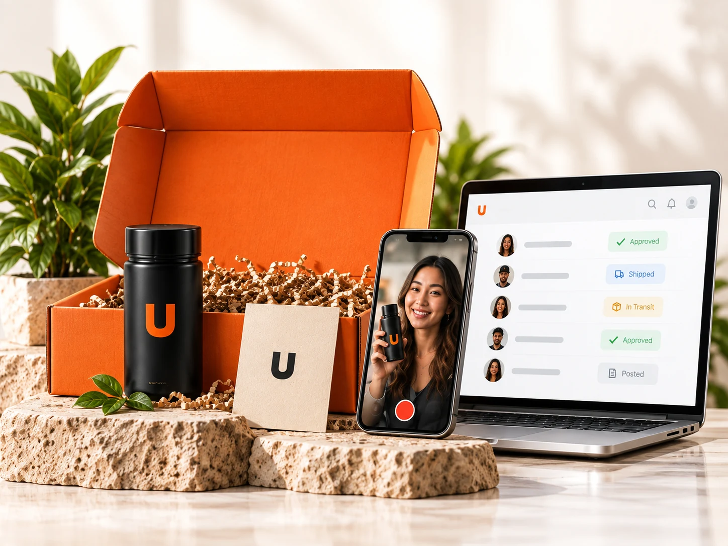 Creator sample box, product shipment and tracking dashboard; illustrative seeding workflow.