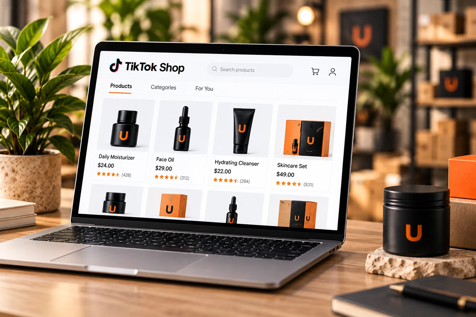 Illustrative TikTok Shop product catalog on a laptop.