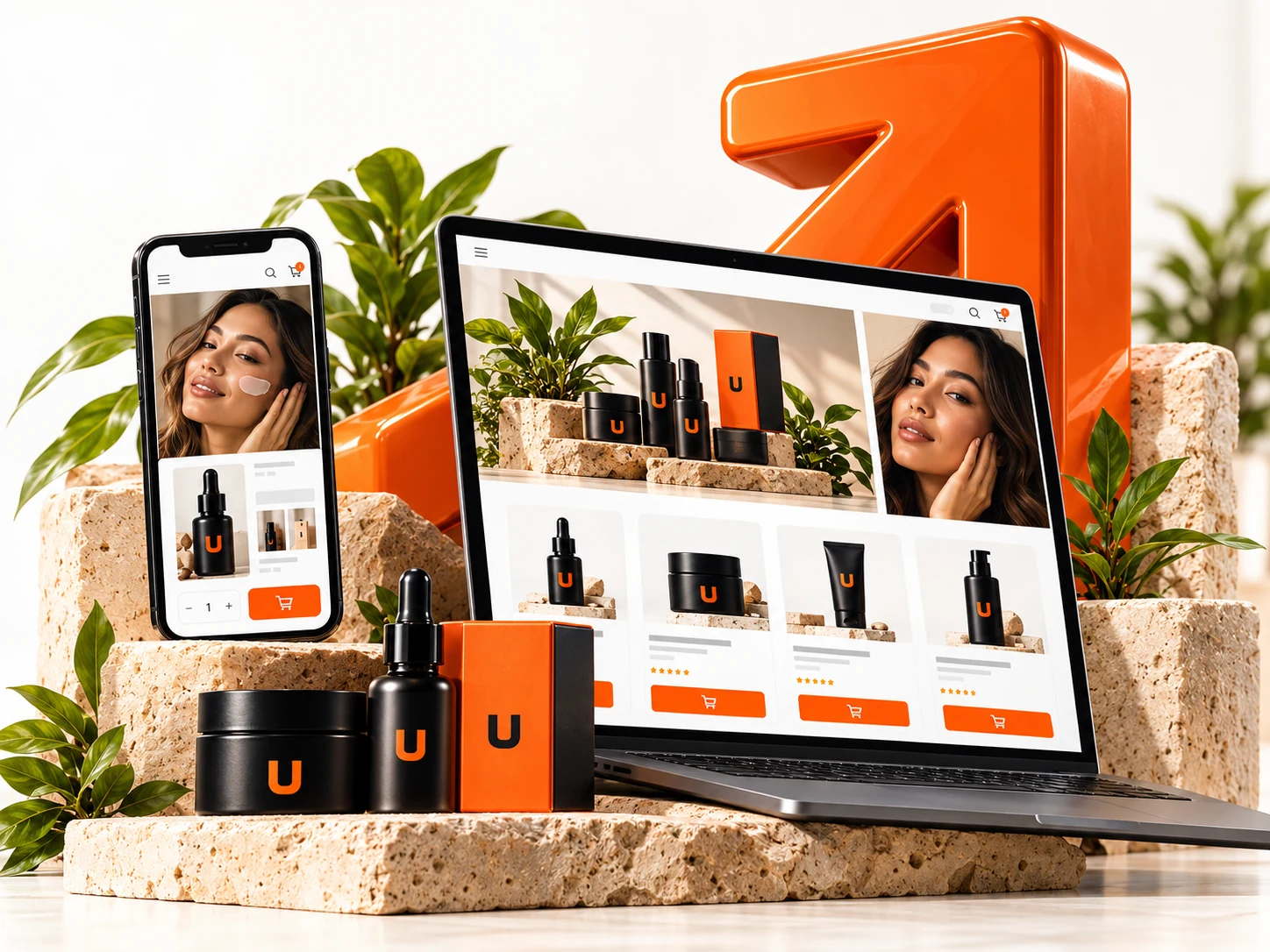 Illustrative ecommerce storefront design across desktop and mobile screens.