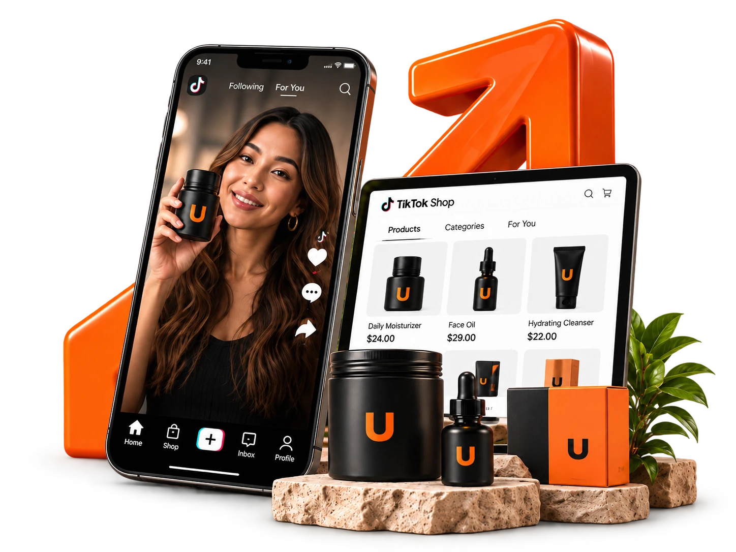 Illustrative creator video and TikTok Shop catalog with Uncut products and an orange growth arrow.