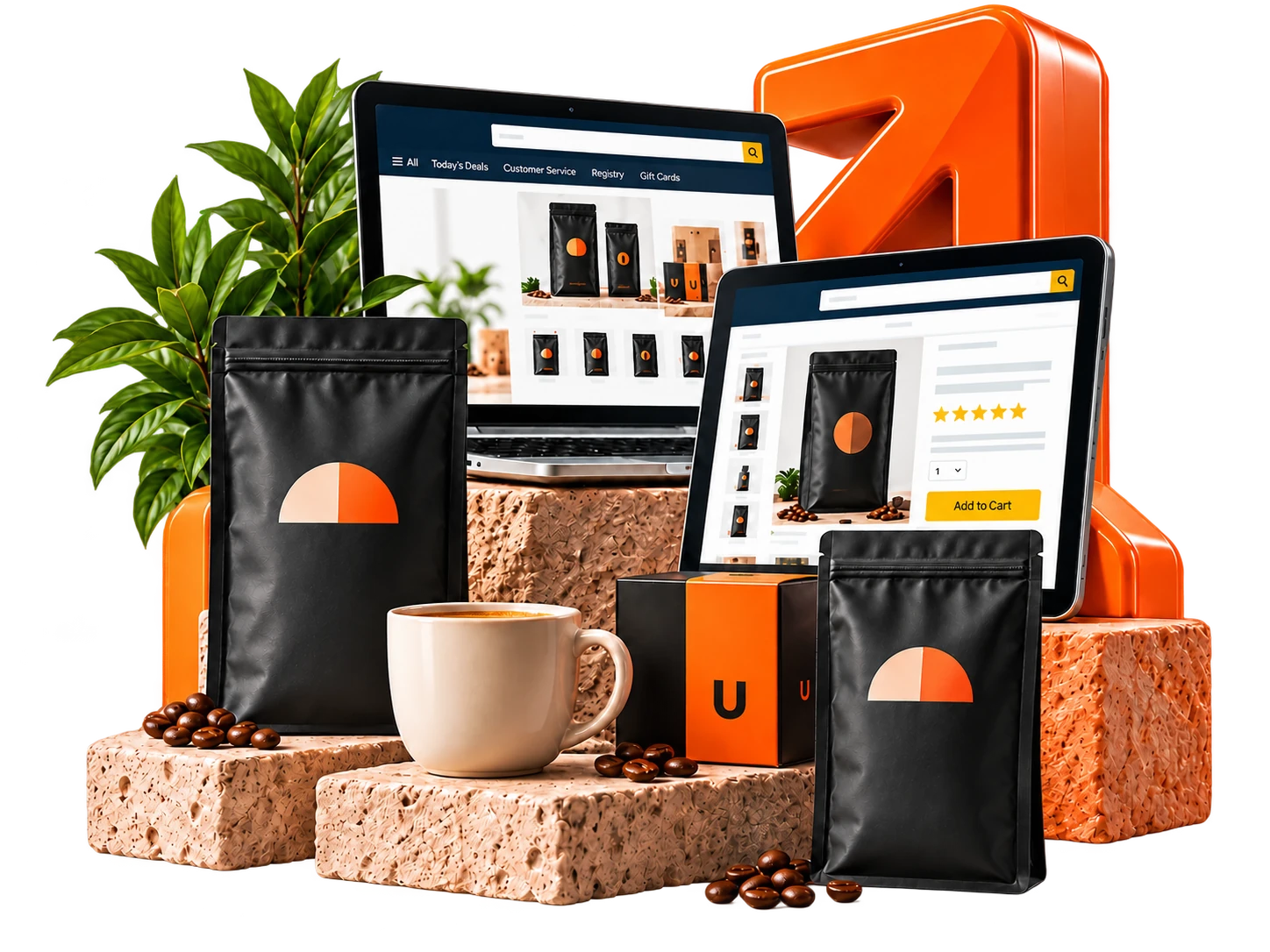 Illustrative Amazon storefront and product listing beside coffee packaging and an orange growth arrow.