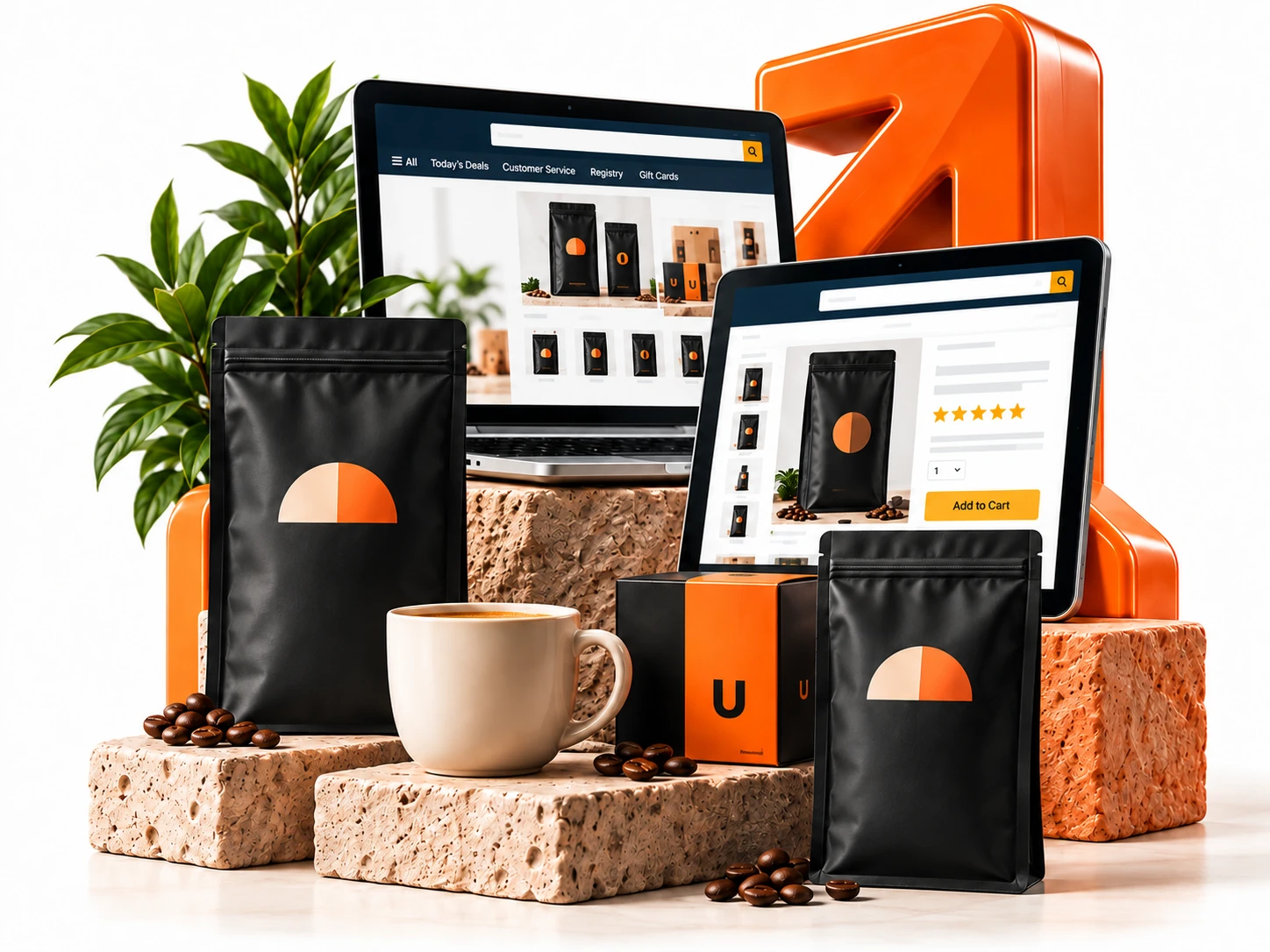 Amazon storefront and coffee product listing with branded packaging; illustrative commerce concept.