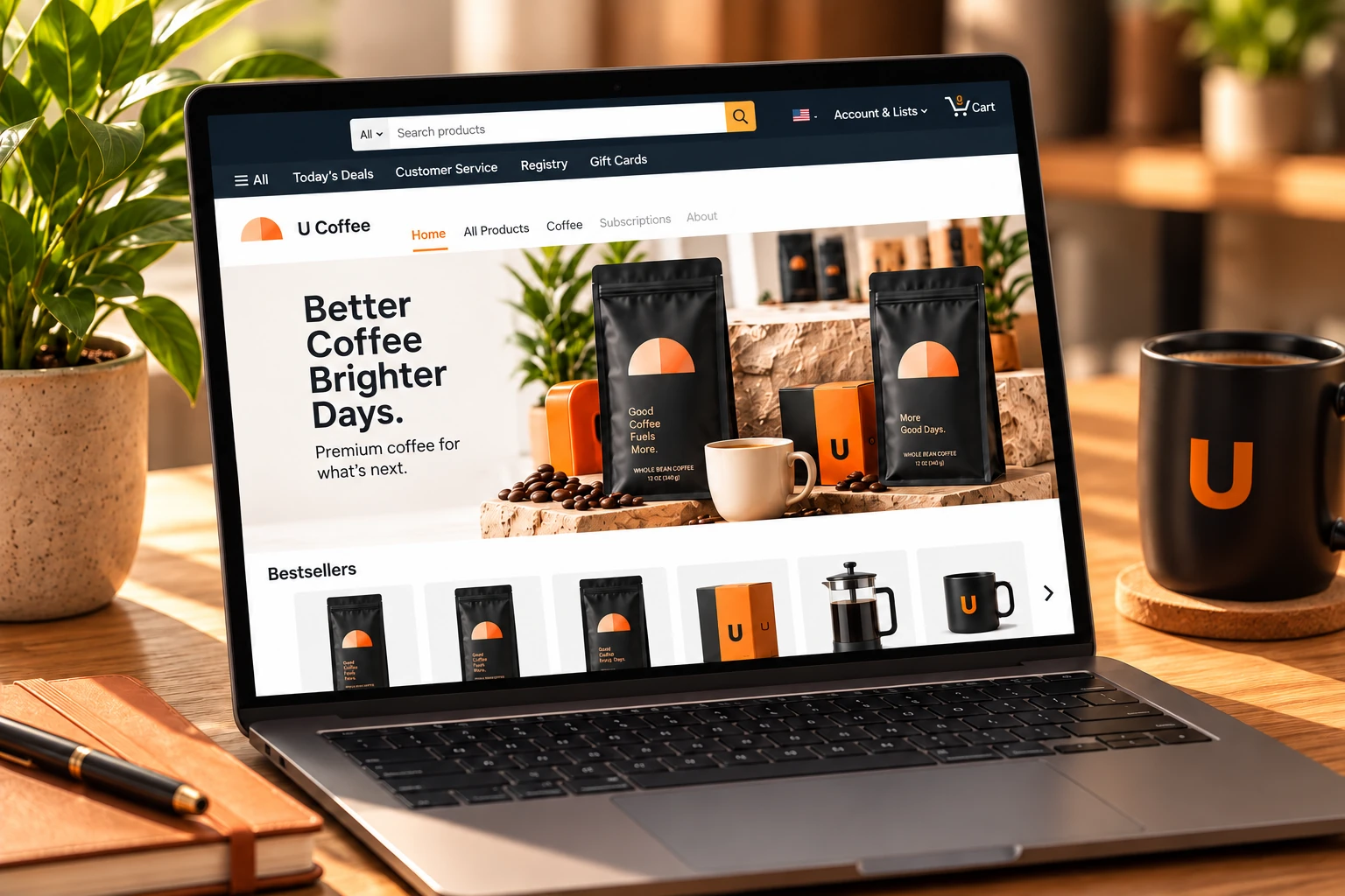Illustrative Amazon product listing and storefront on a laptop.