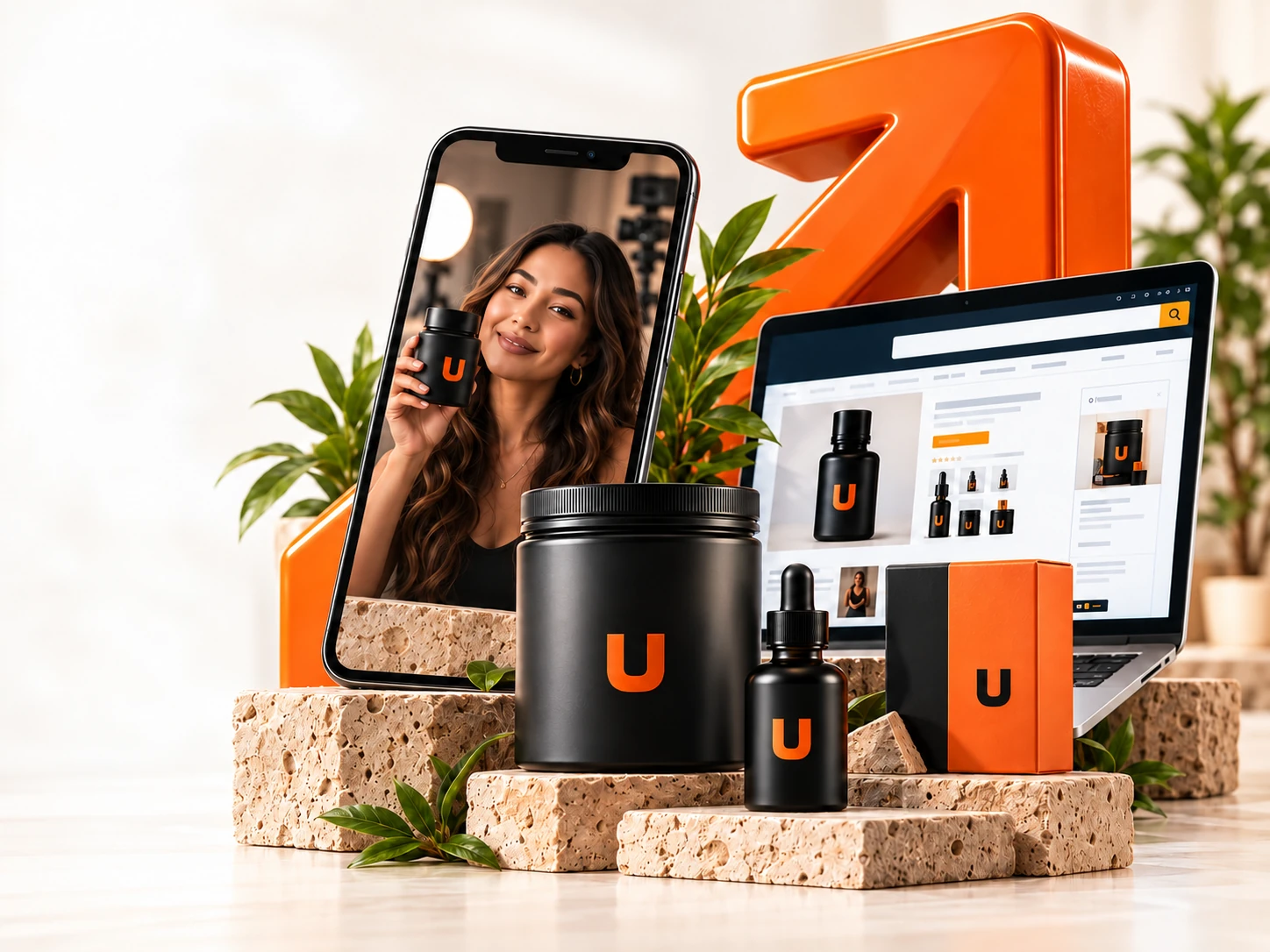 Illustrative Amazon storefront, creator video and product packaging connected by an orange growth arrow.