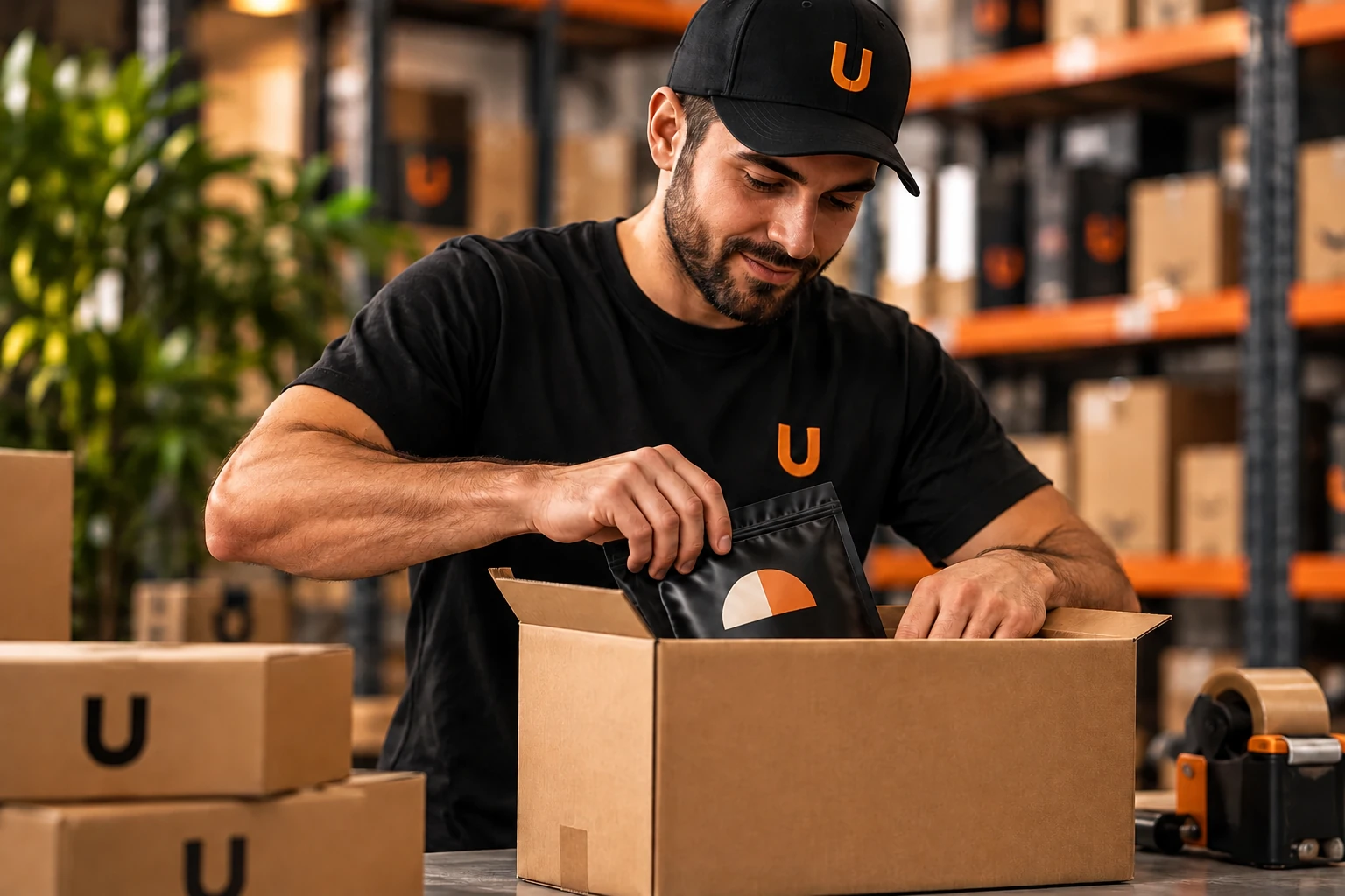 Illustrative fulfillment team member preparing branded customer orders.